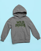 Gray hoodie pullover with 'WILD INSIDE' front graphic, hood and long sleeves