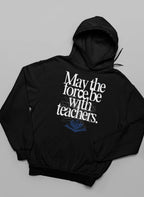 Black hooded sweatshirt with chest graphic text and blue book emblem.