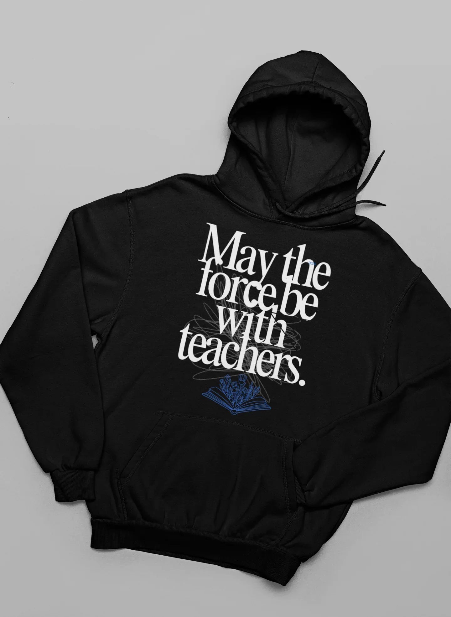 Black hooded sweatshirt with chest graphic text and blue book emblem.