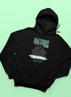 Black hoodie with hood and front logo graphic, Nature Medicine text and landscape print