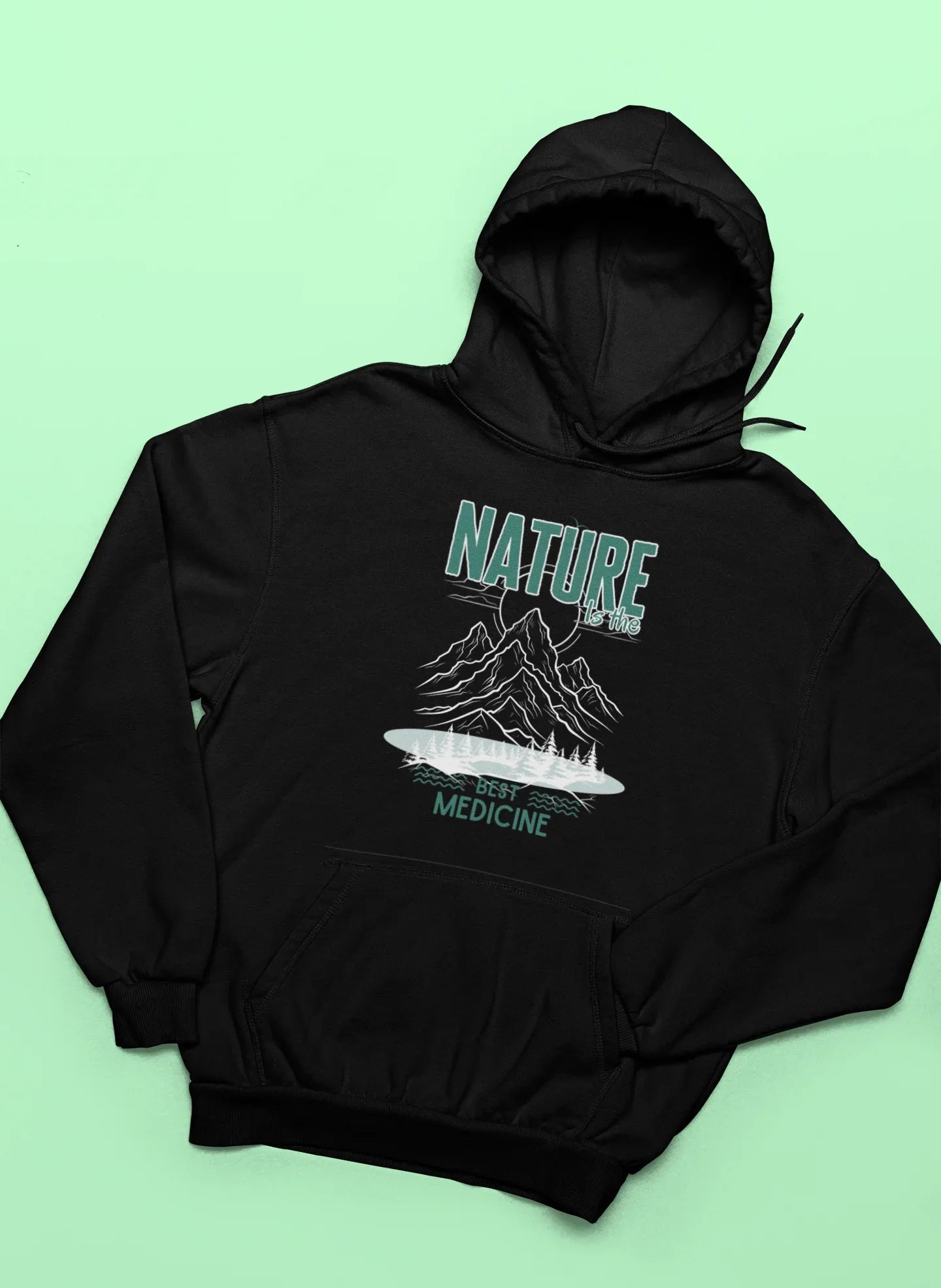 Black hoodie with hood and front logo graphic, Nature Medicine text and landscape print