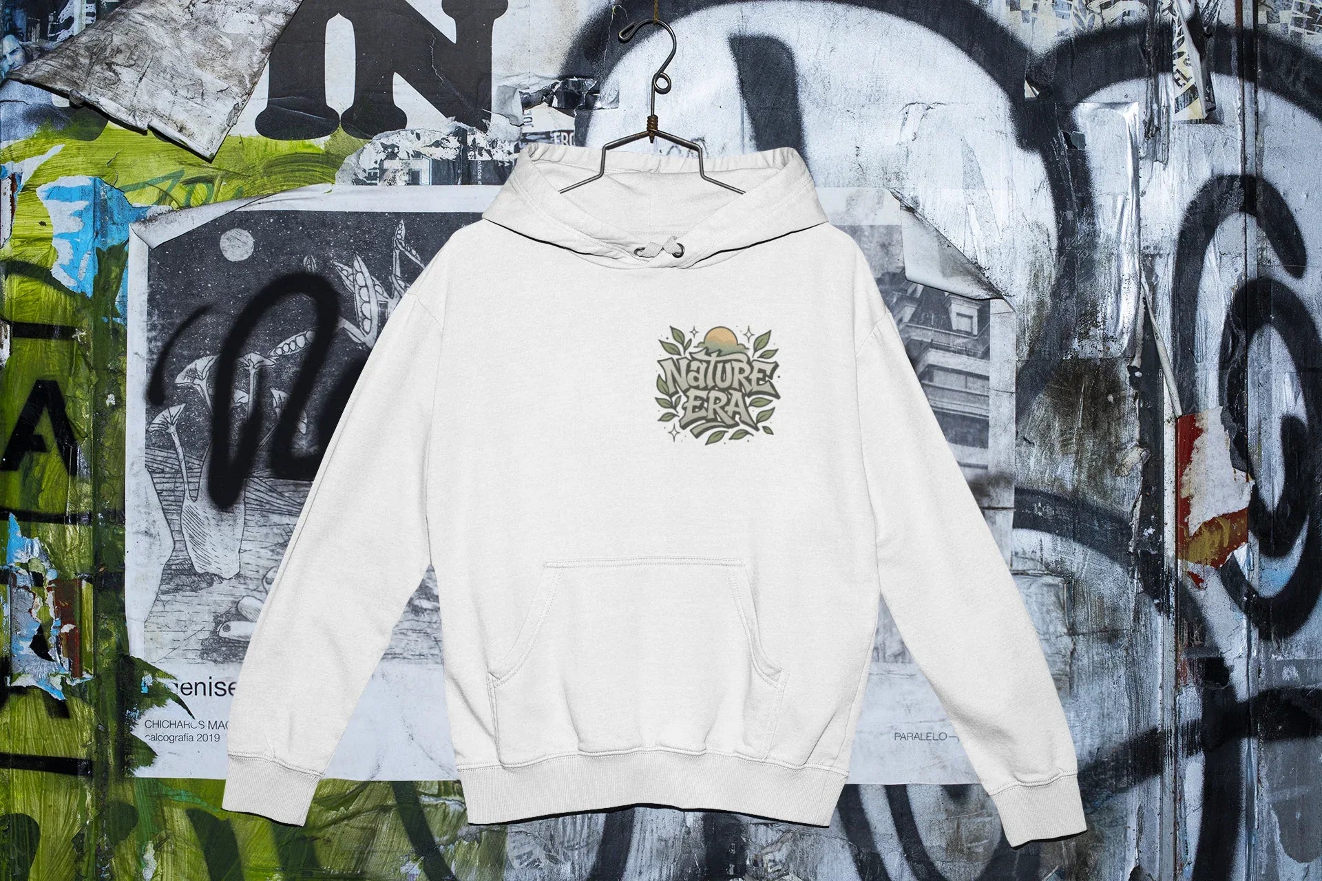 White Nature Era hoodie with embroidered chest logo, hood and long sleeves.