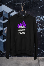 Black pullover hoodie with hood, pouch pocket, and purple flame-style text graphic.