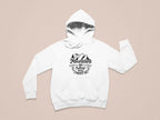 White pullover hoodie with hood and front mountain graphic, sleeves visible