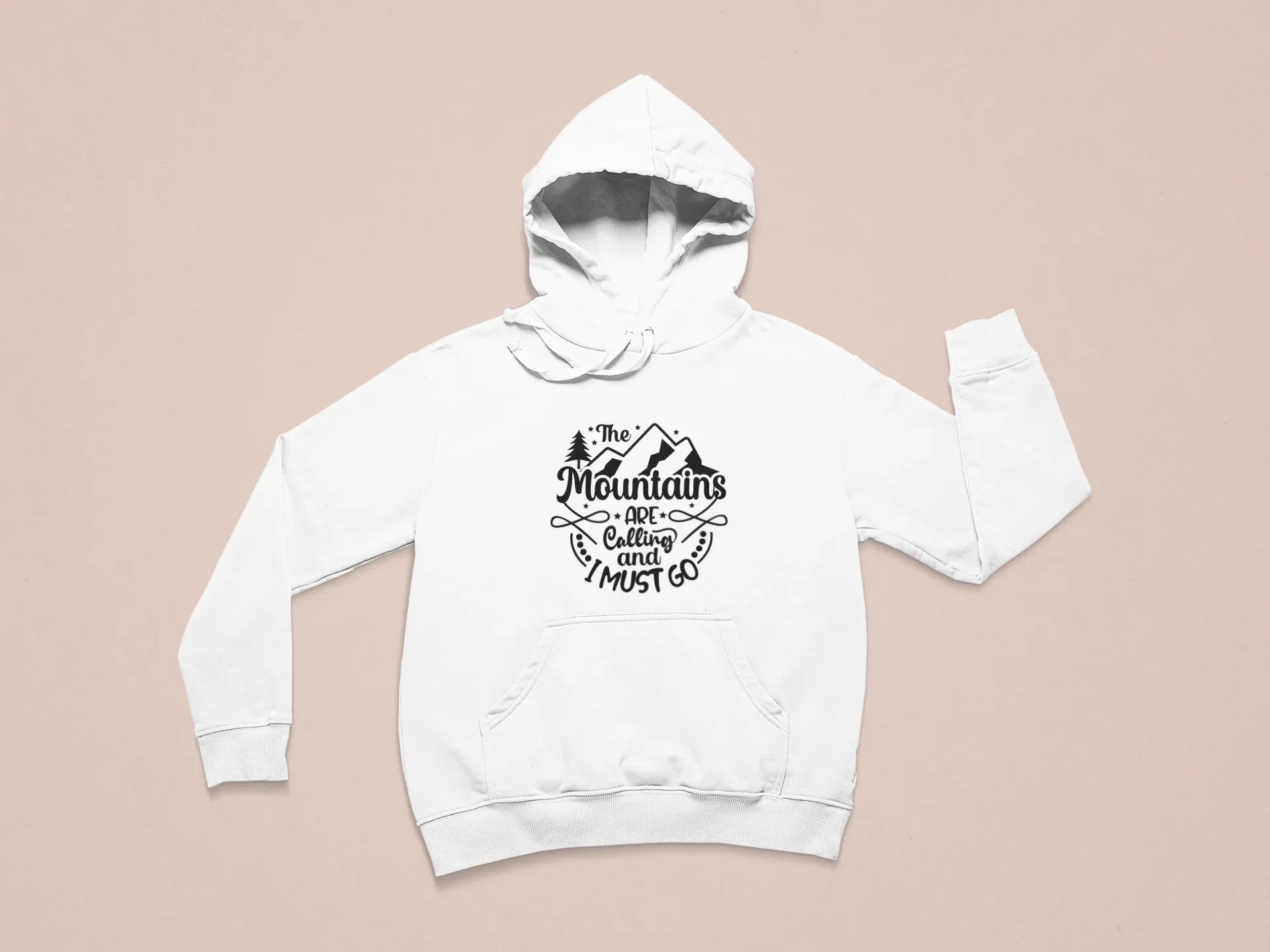White pullover hoodie with hood and front mountain graphic, sleeves visible