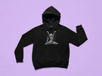 Black yoga hoodie with front pocket and centered white lotus pose graphic