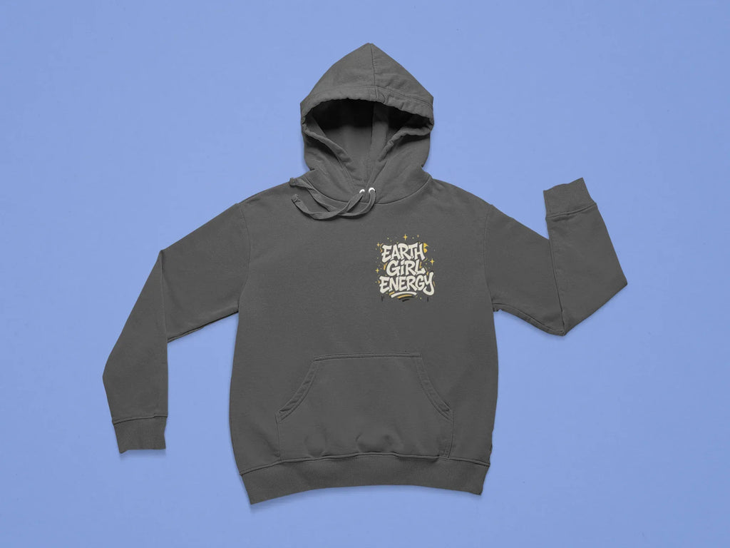 Olive gray hoodie with chest logo, drawstring hood, and kangaroo pocket