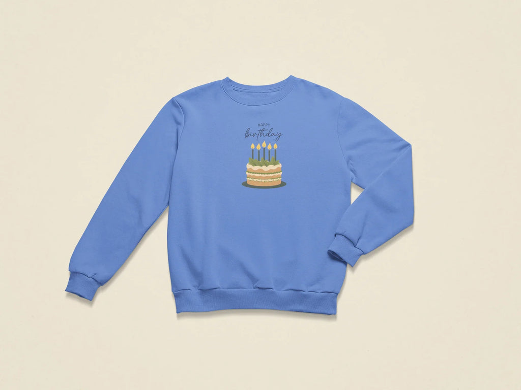 Carolina blue sweatshirt with birthday cake graphic on the chest