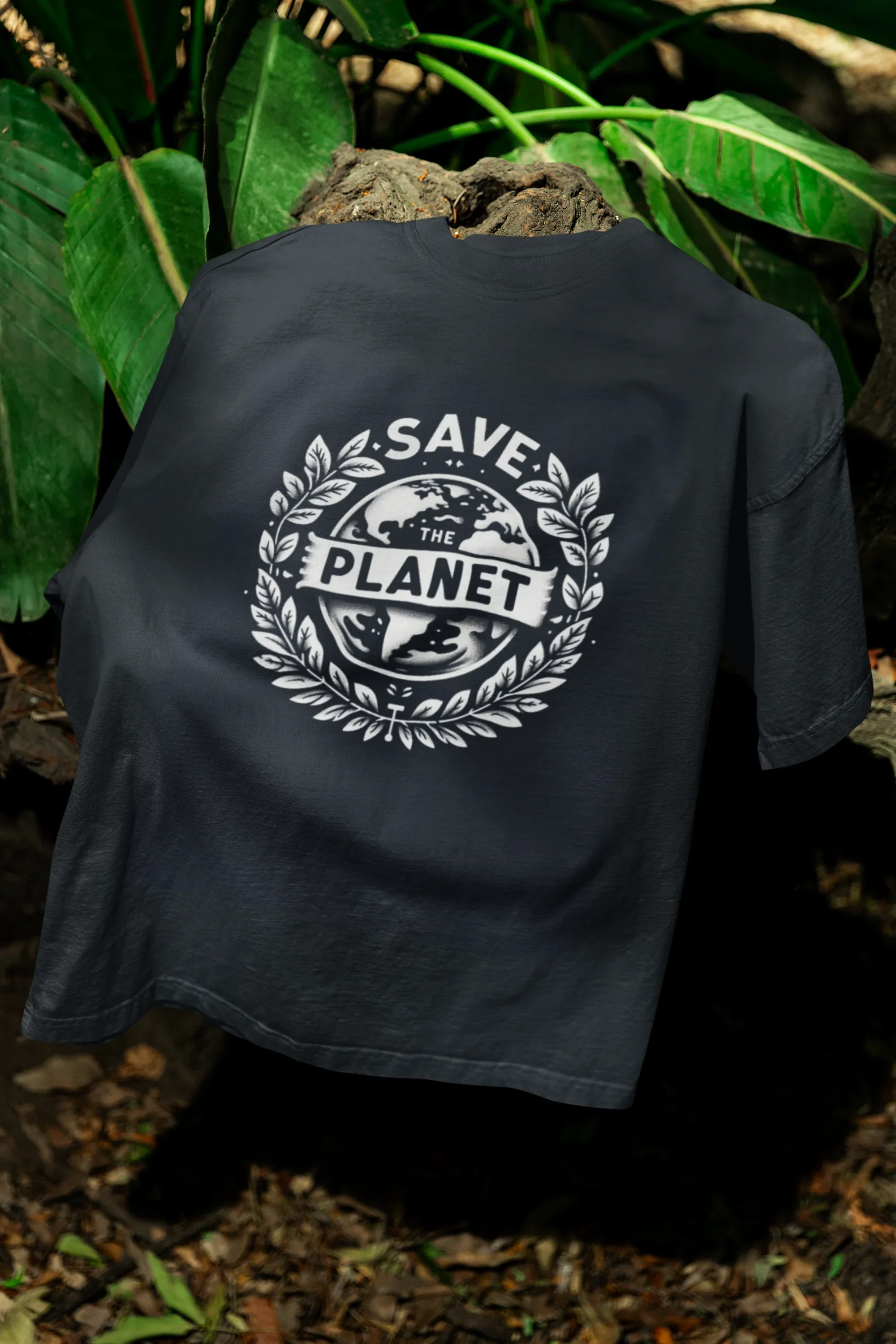 Black T-shirt with white 'Save the Planet' logo on back