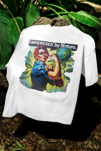 White graphic T-shirt with 'Empowered by Nature' slogan and woman holding globe print