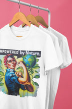White graphic T-shirt with 'Empowered by Nature' slogan and nature character art