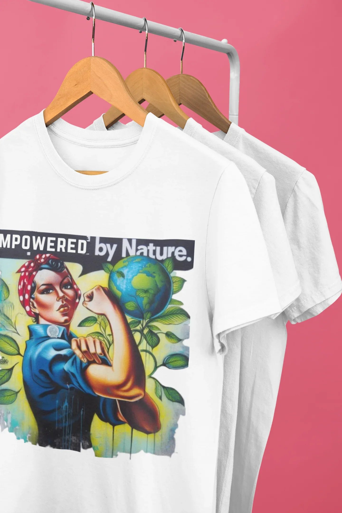 White graphic T-shirt with 'Empowered by Nature' slogan and nature character art