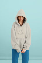 Sand pullover hoodie with hood and chest script graphic