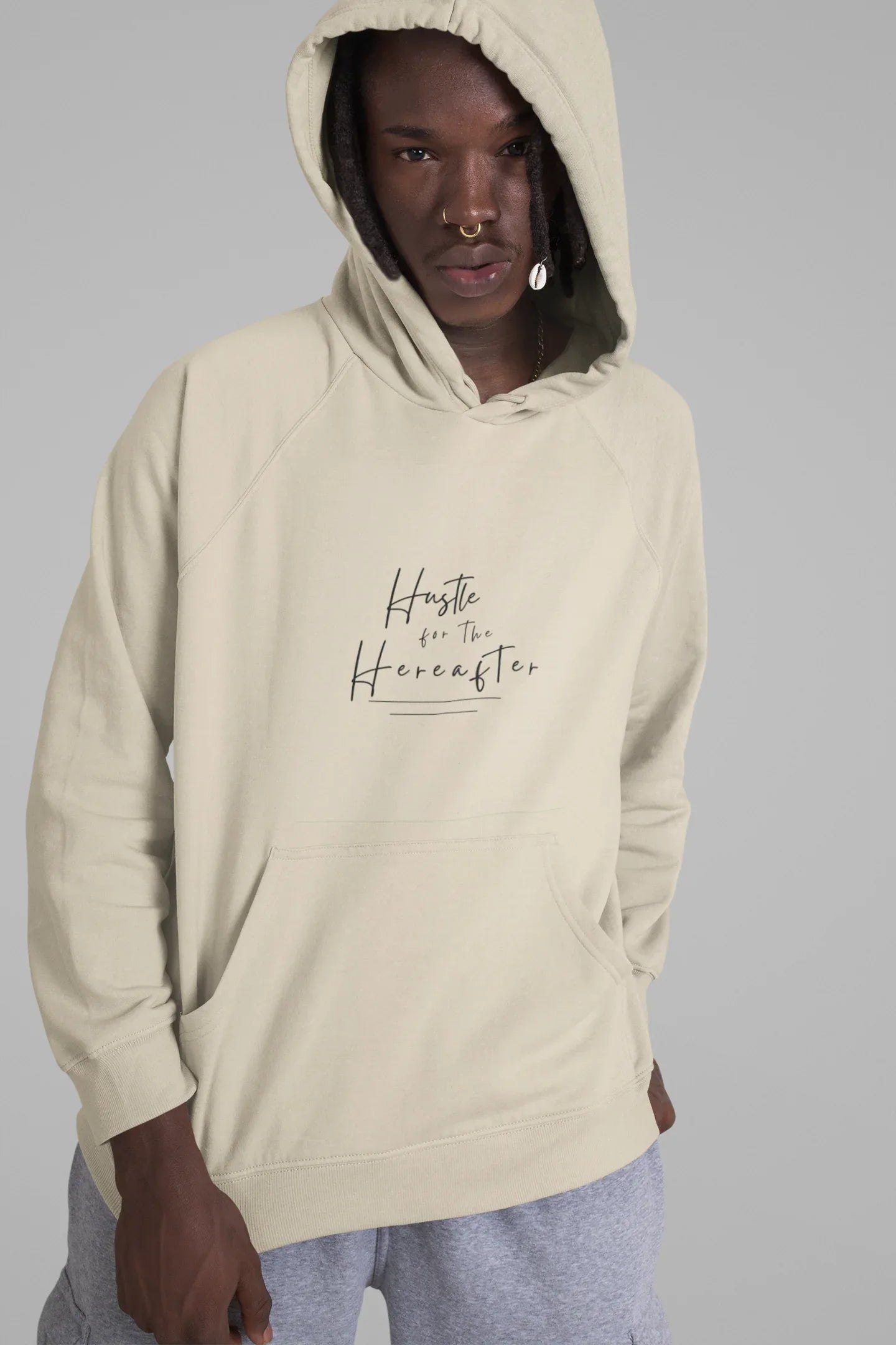 Sand hooded sweatshirt with front pouch pocket and centered chest script graphic