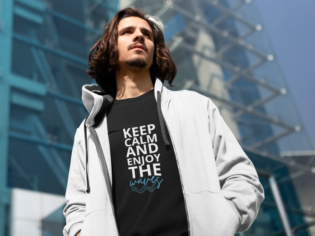 Black sweatshirt with front graphic text KEEP CALM AND ENJOY THE waves