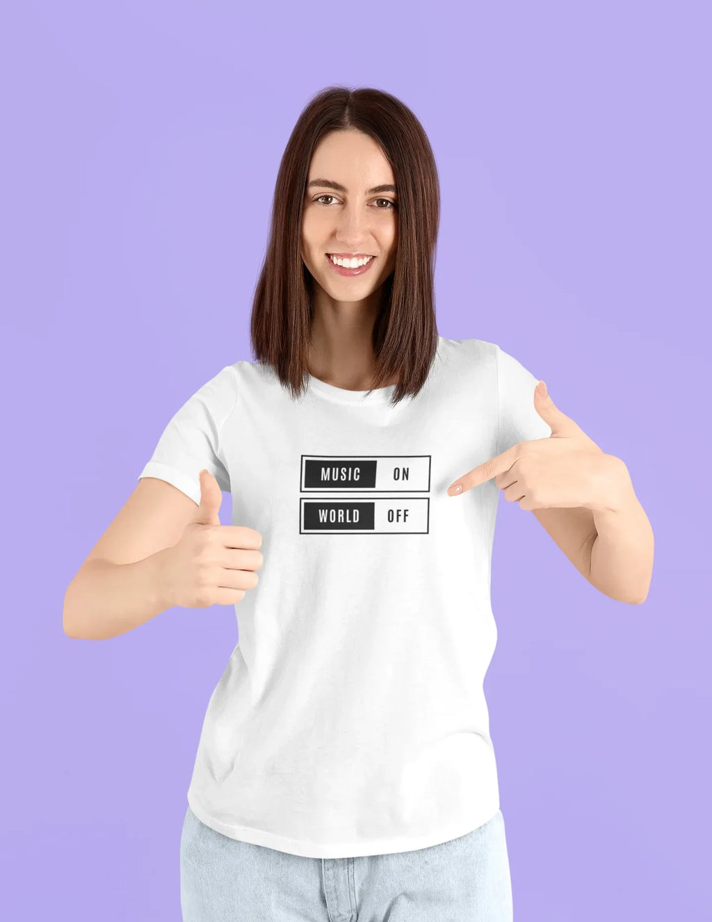 White unisex graphic T-shirt with “MUSIC ON” and “WORLD OFF” box print on chest