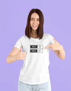 White unisex graphic T-shirt with “MUSIC ON” and “WORLD OFF” box print on chest