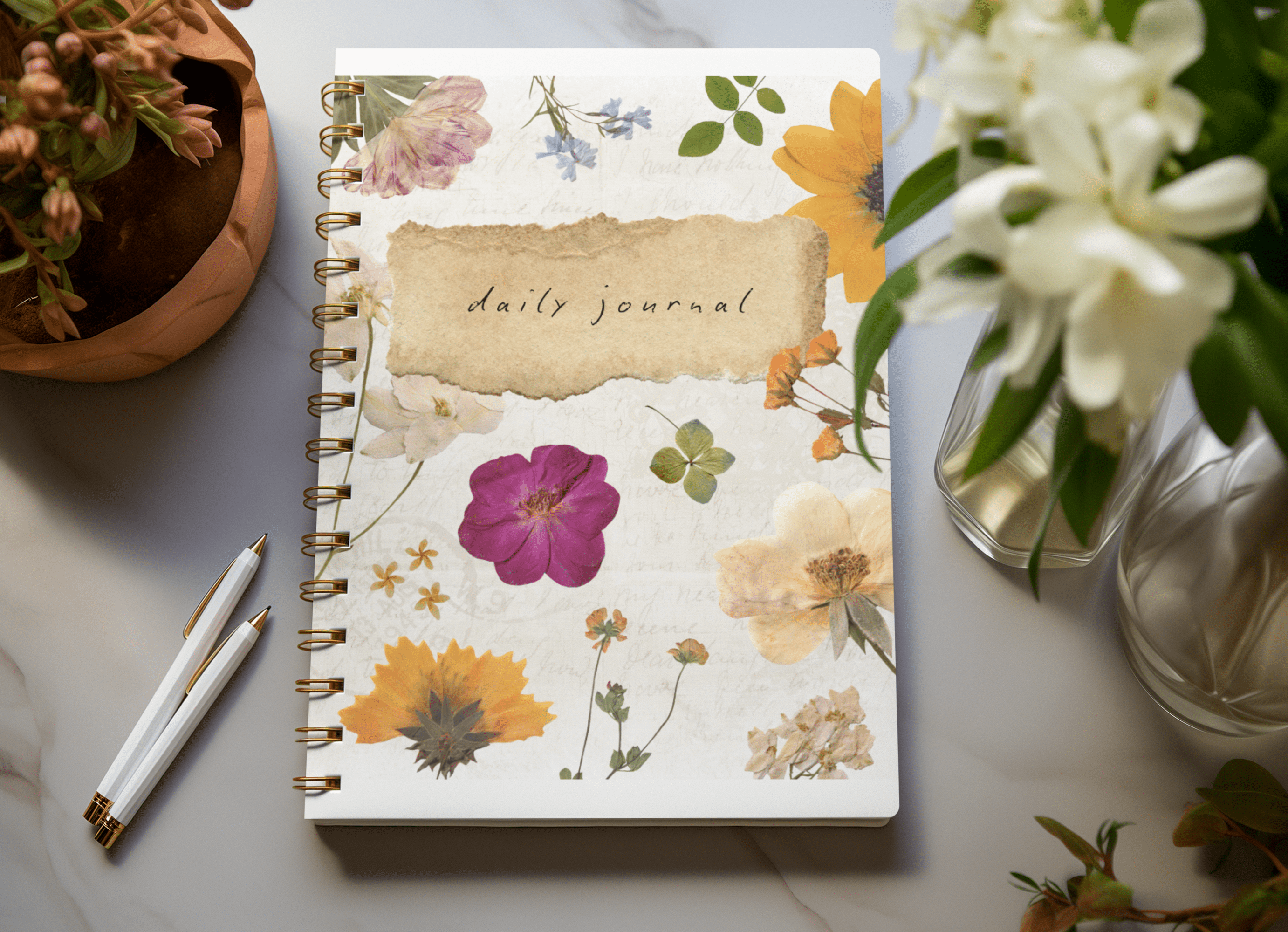 A5 wirebound softcover notebook with floral cover and lined paper visible.