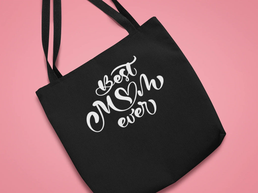 Black canvas tote bag with “Best Mum ever” white script lettering and strap handles