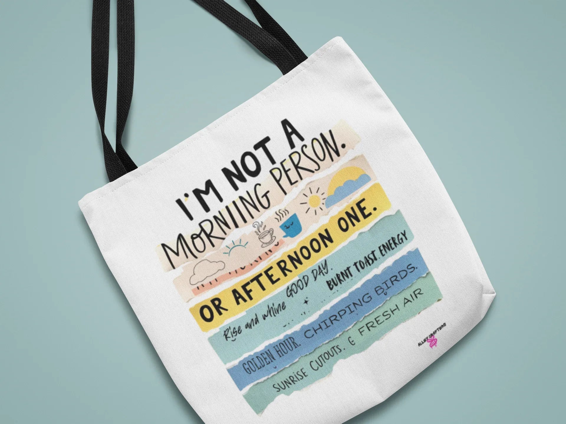 White canvas tote bag front panel with bold printed “morning person” text