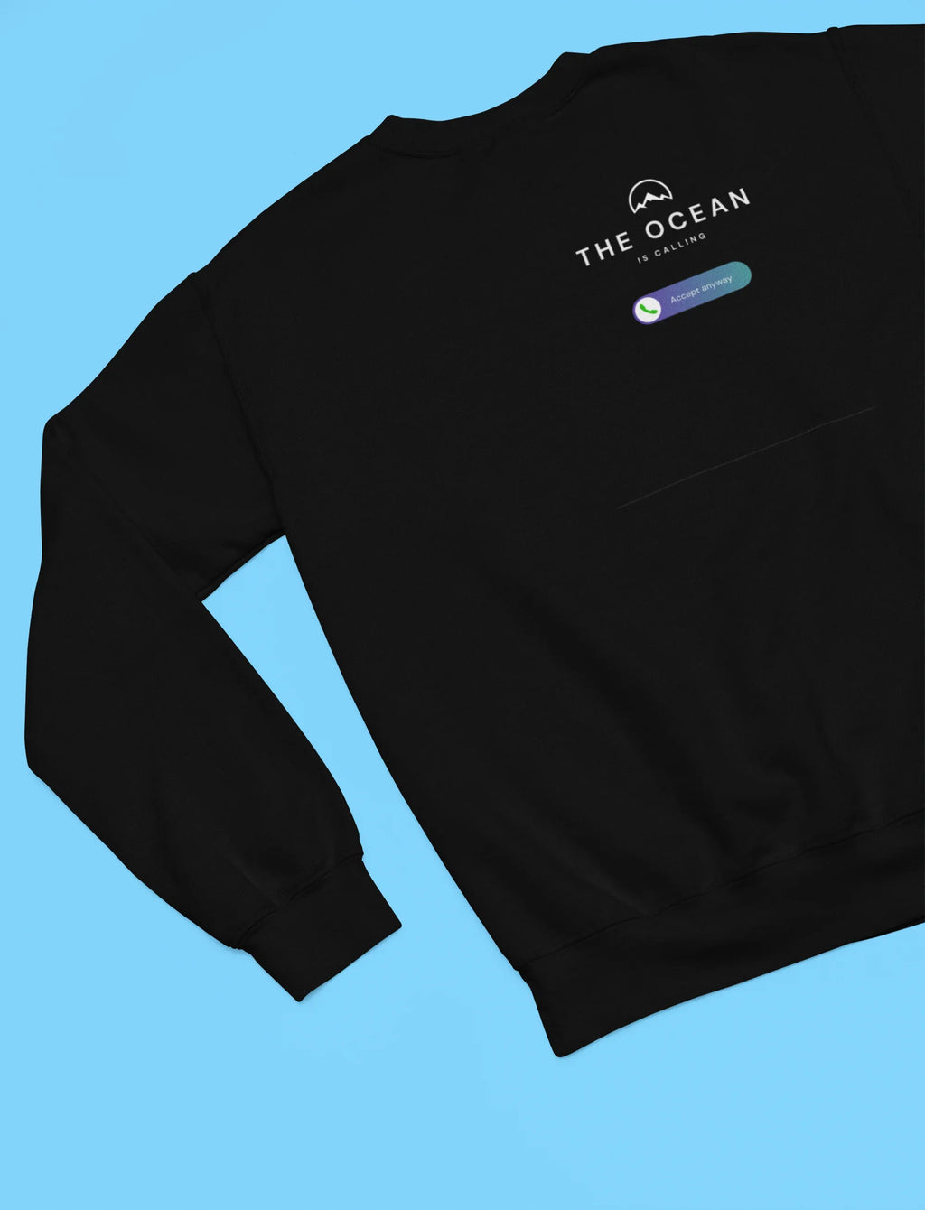 Black sweatshirt with The Ocean printed logo and multi-color badge on chest