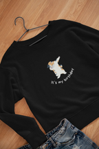 Kids sweatshirt, black crewneck with dabbing cat “It’s my birthday” graphic