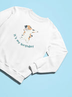 Kids sweatshirt, white long-sleeve with dabbing cat “It’s my birthday” print