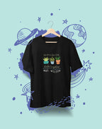Black crewneck T-shirt with cartoon classroom icons and 'MRS. WILSON' lettering.
