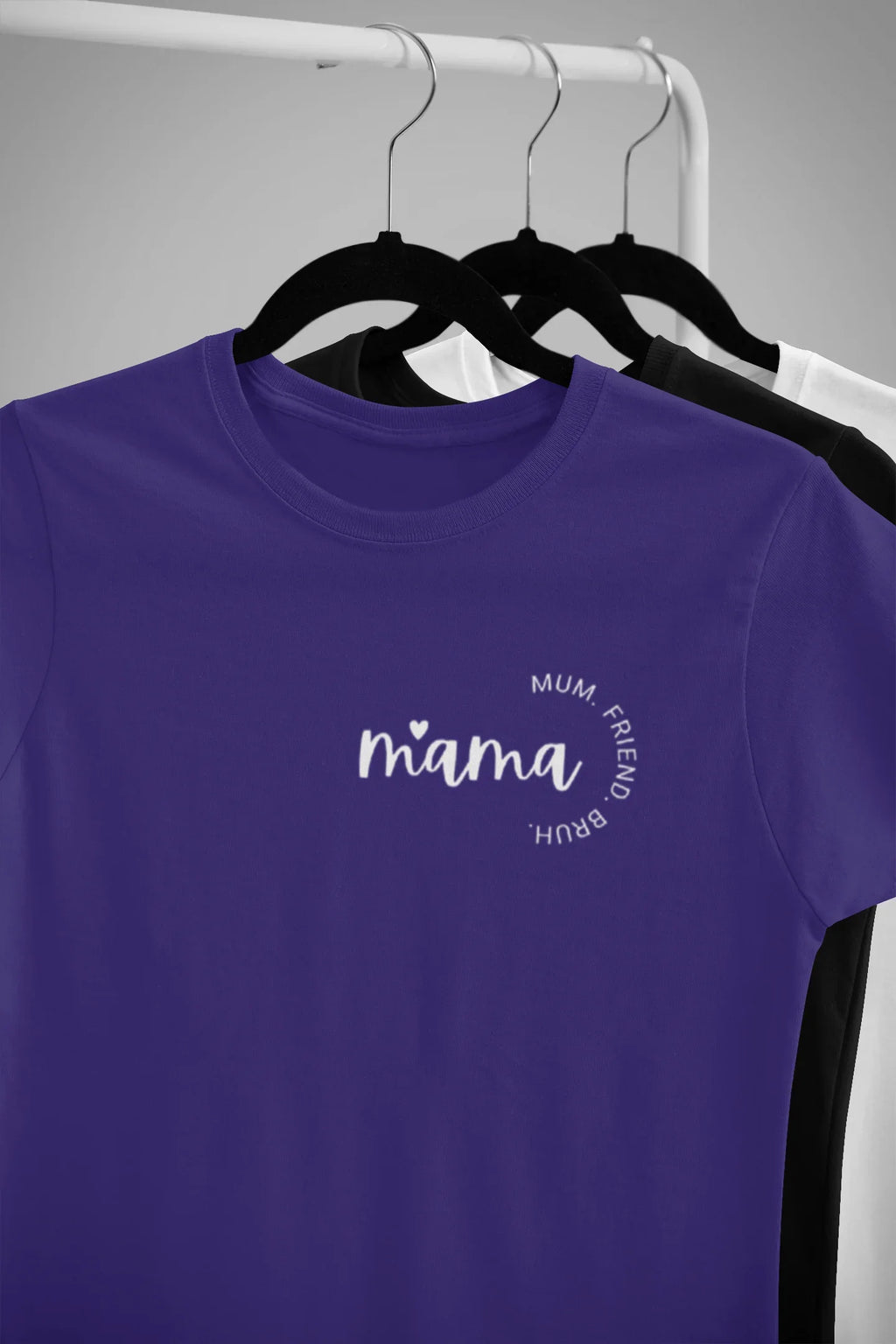 Purple mum T-shirt on hangers with script chest logo, crew neckline