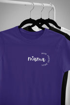 Purple mum T-shirt on hangers with script chest logo, crew neckline