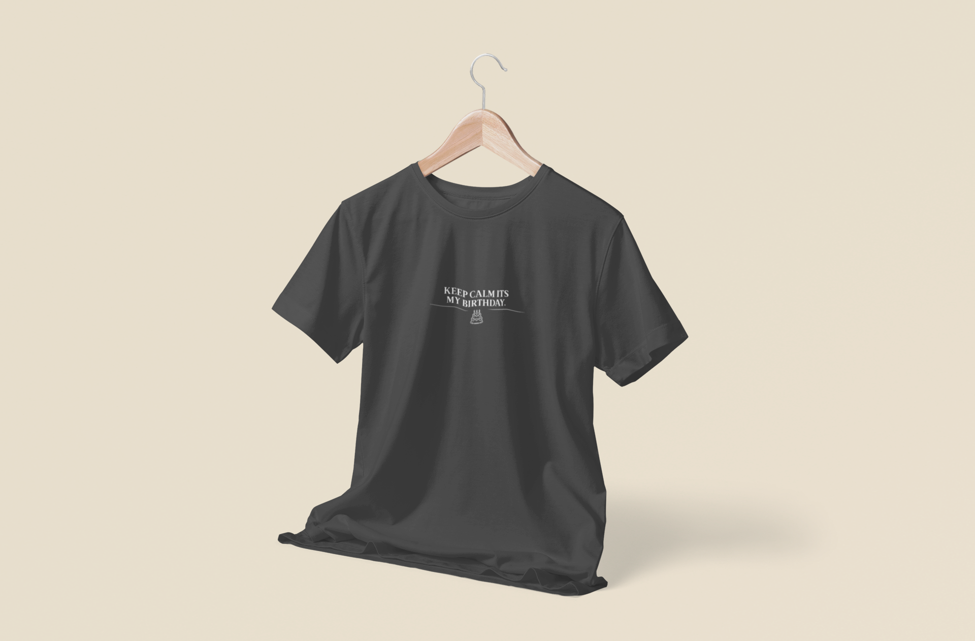 Black crewneck T-shirt with 'Keep calm my birthday' chest print