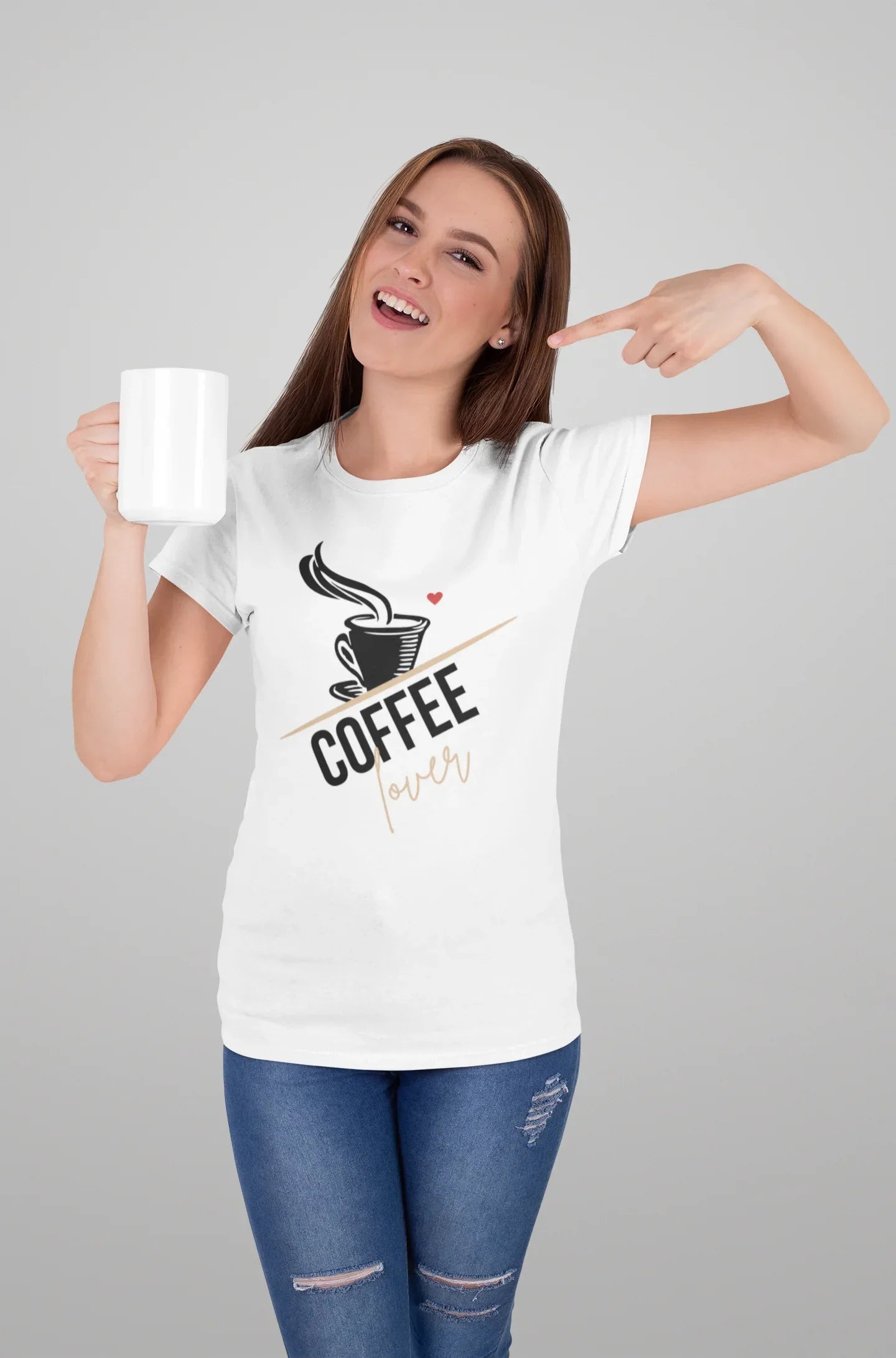 White unisex heavy cotton T-shirt with coffee cup graphic and heart detail on front