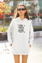White hoodie with front "Stay Trippy Little Hippie" star text graphic
