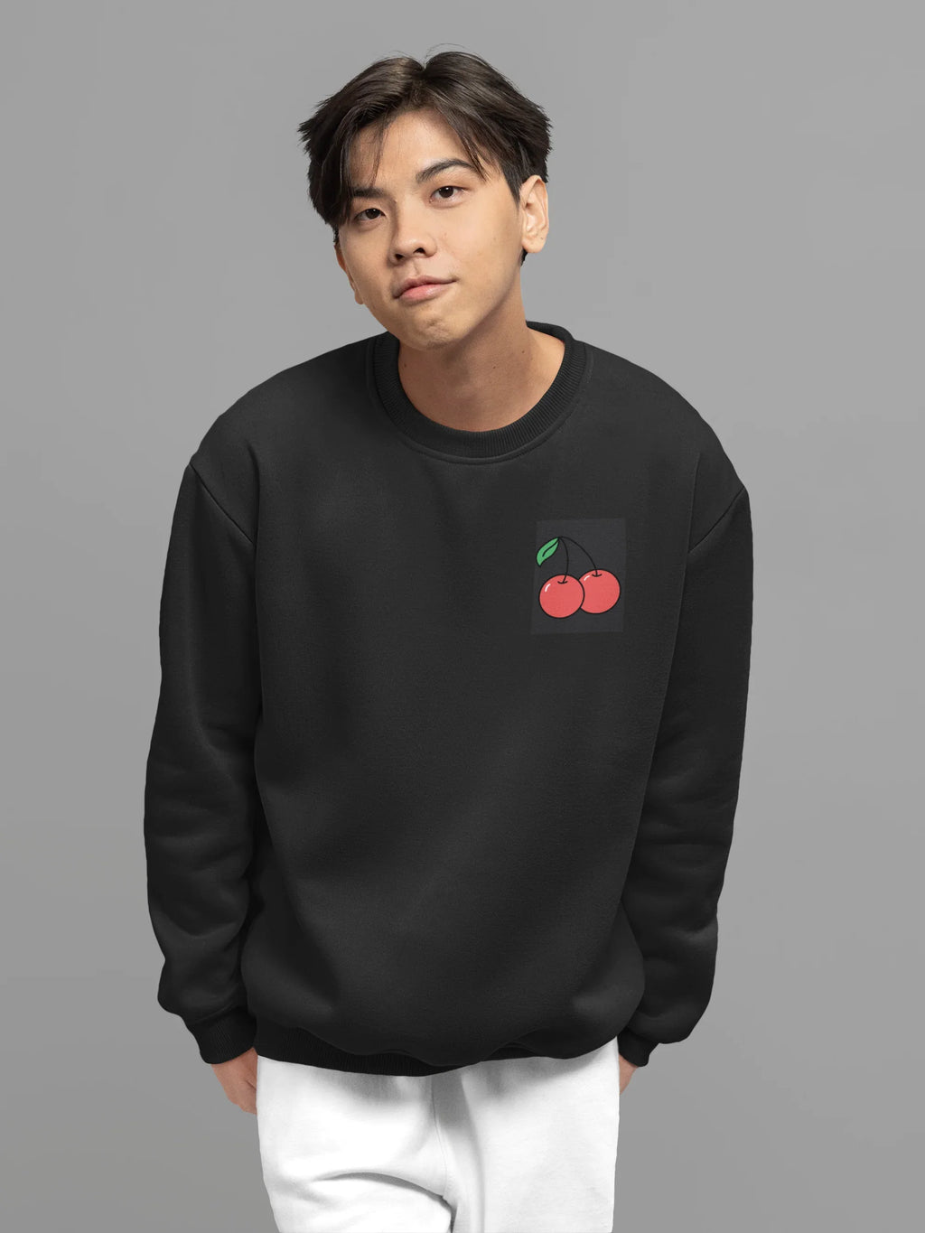 Black crewneck sweatshirt with cherry embroidery on the left chest