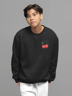 Black crewneck sweatshirt with cherry embroidery on the left chest