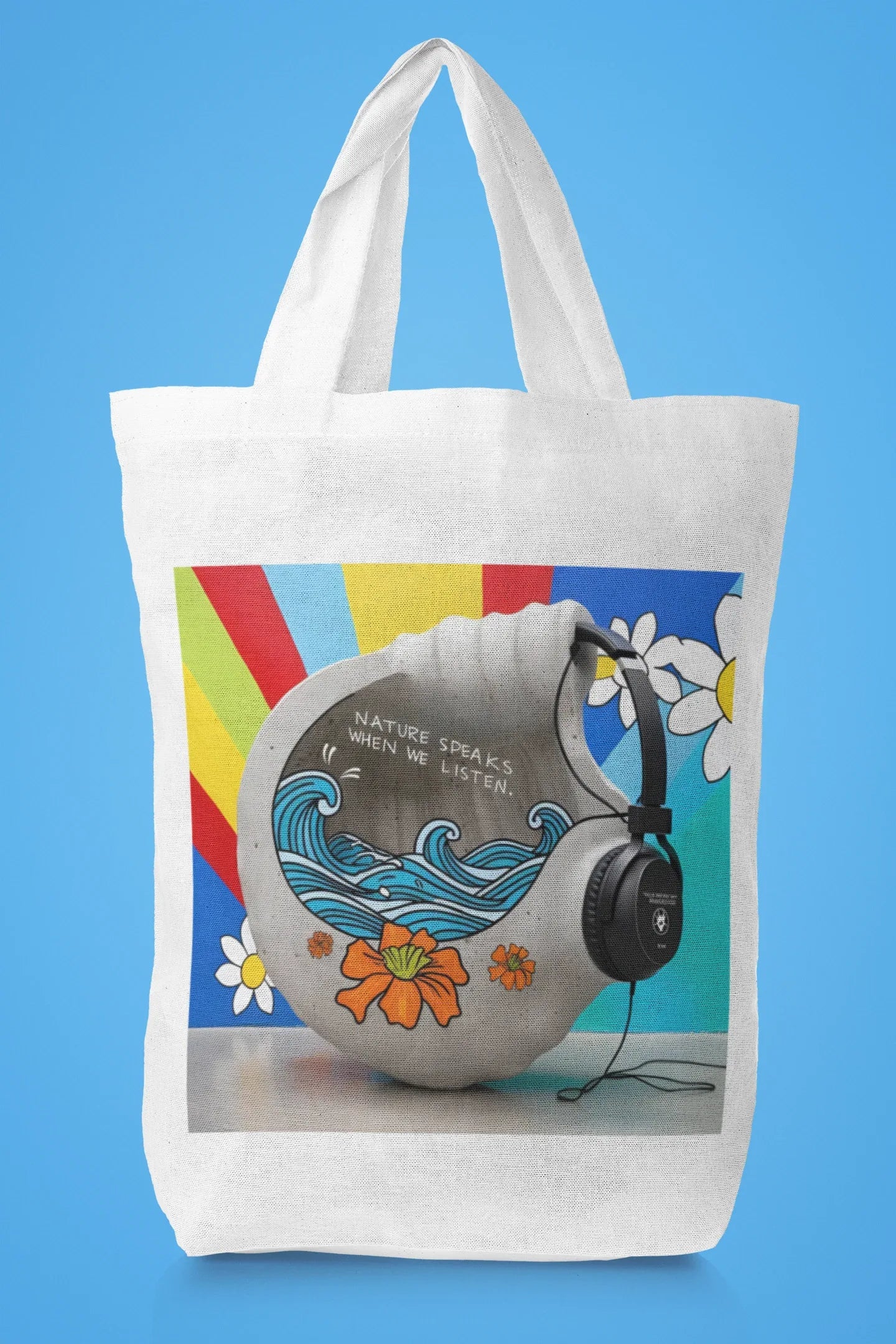 White tote bag with nature-themed headphones graphic and long white handles