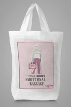 White canvas tote bag with pink centered graphic and bold text beneath.