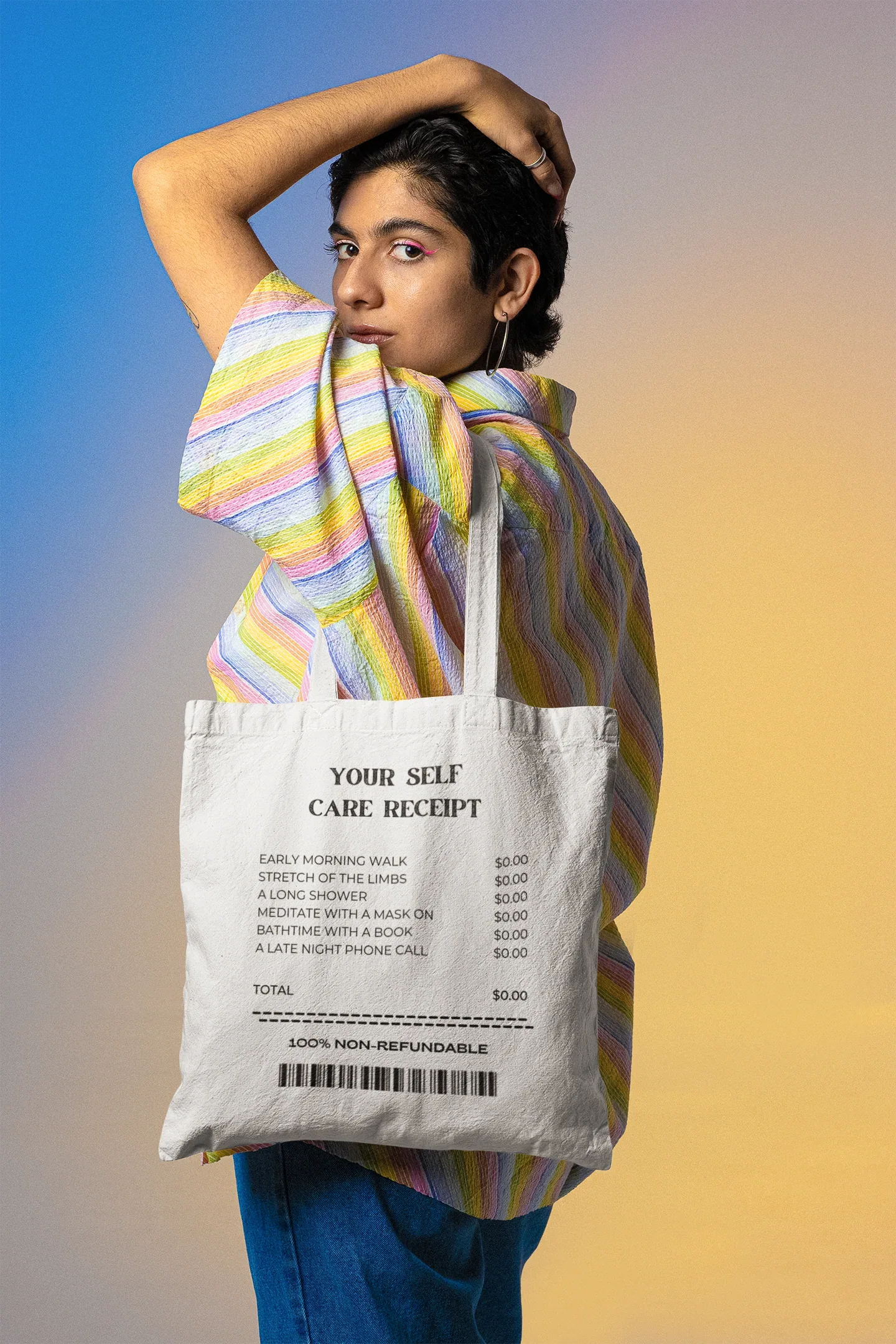 White receipt tote bag held by handles, printed care receipt text and barcode