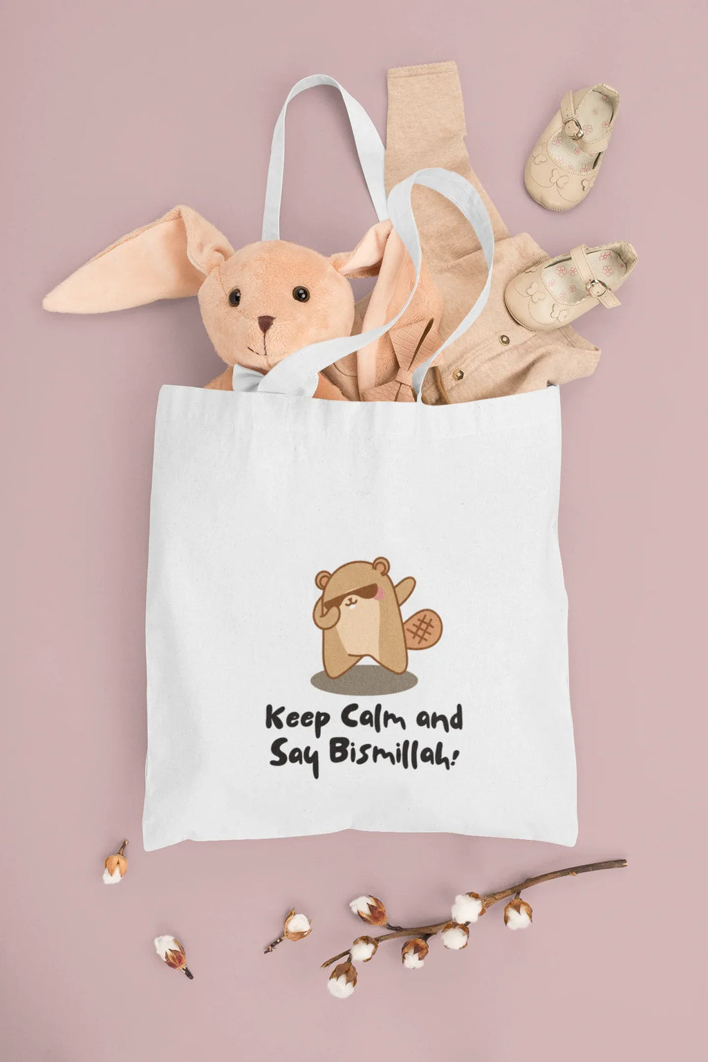 White cotton tote bag with bear graphic and slogan “Keep Calm and Say Bismillah!”
