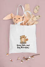 White cotton tote bag with bear graphic and slogan “Keep Calm and Say Bismillah!”