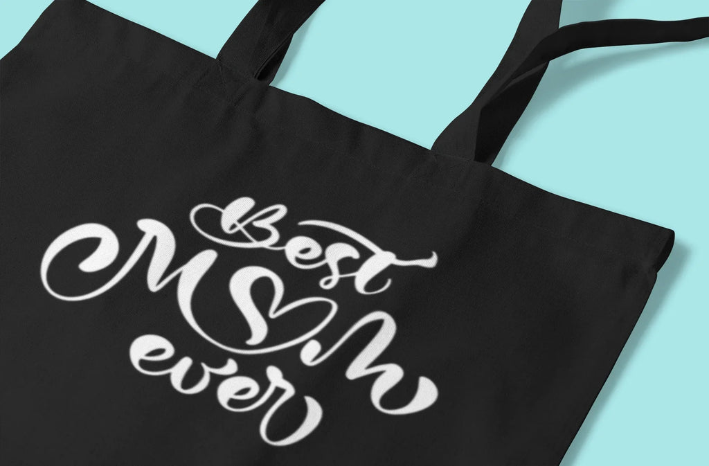 Black canvas tote bag with “Best Mum ever” white script and loop handles