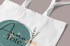 Close-up of white canvas tote with Hannah's Tote logo print