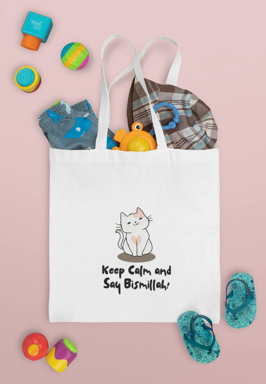 White cotton tote bag with cat graphic and slogan “Keep Calm and Say Bismillah!”
