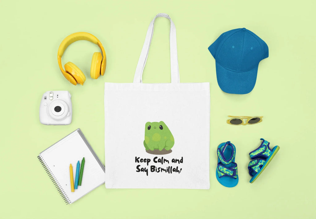 White cotton tote bag with frog graphic and slogan “Keep Calm and Say Bismillah!”