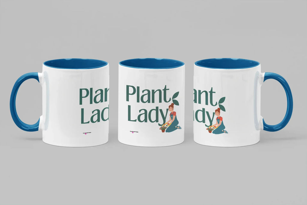 Set of three white ceramic coffee mugs with blue handles and Plant Lady graphic