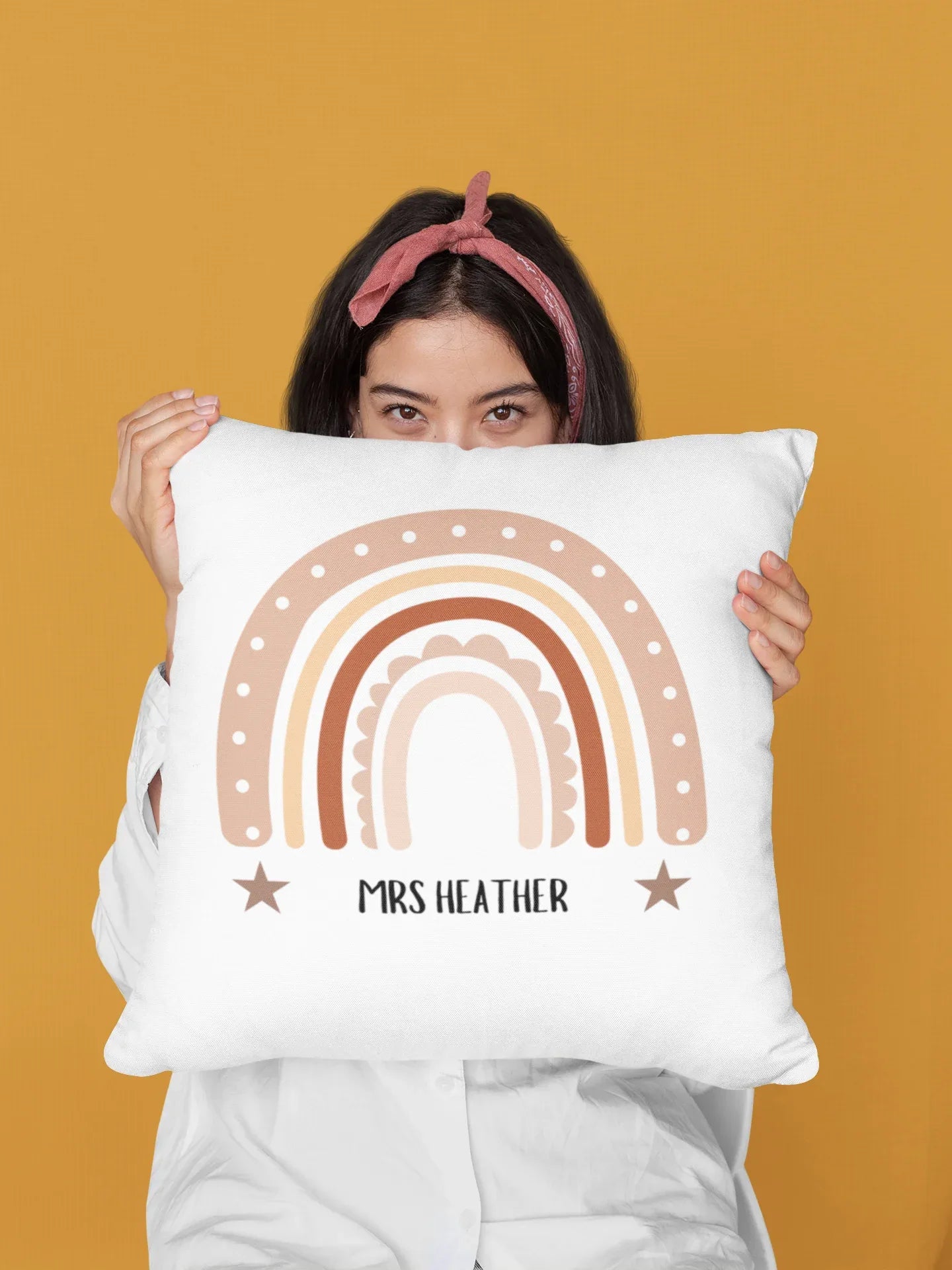 Personalised pillowcase with rainbow design and name MRS HEATHER