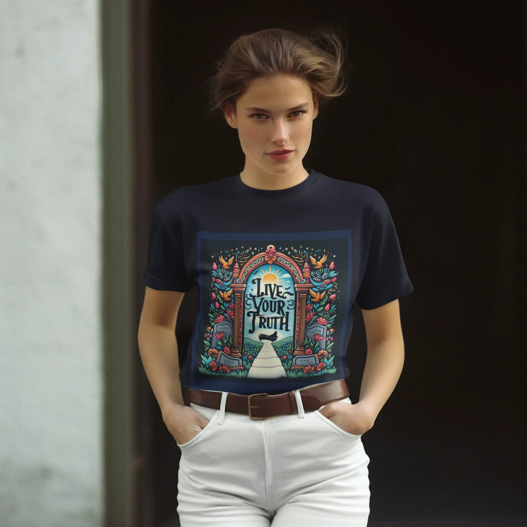 Graphic t-shirt worn by model: dark navy short sleeves with multicolor arch front print.