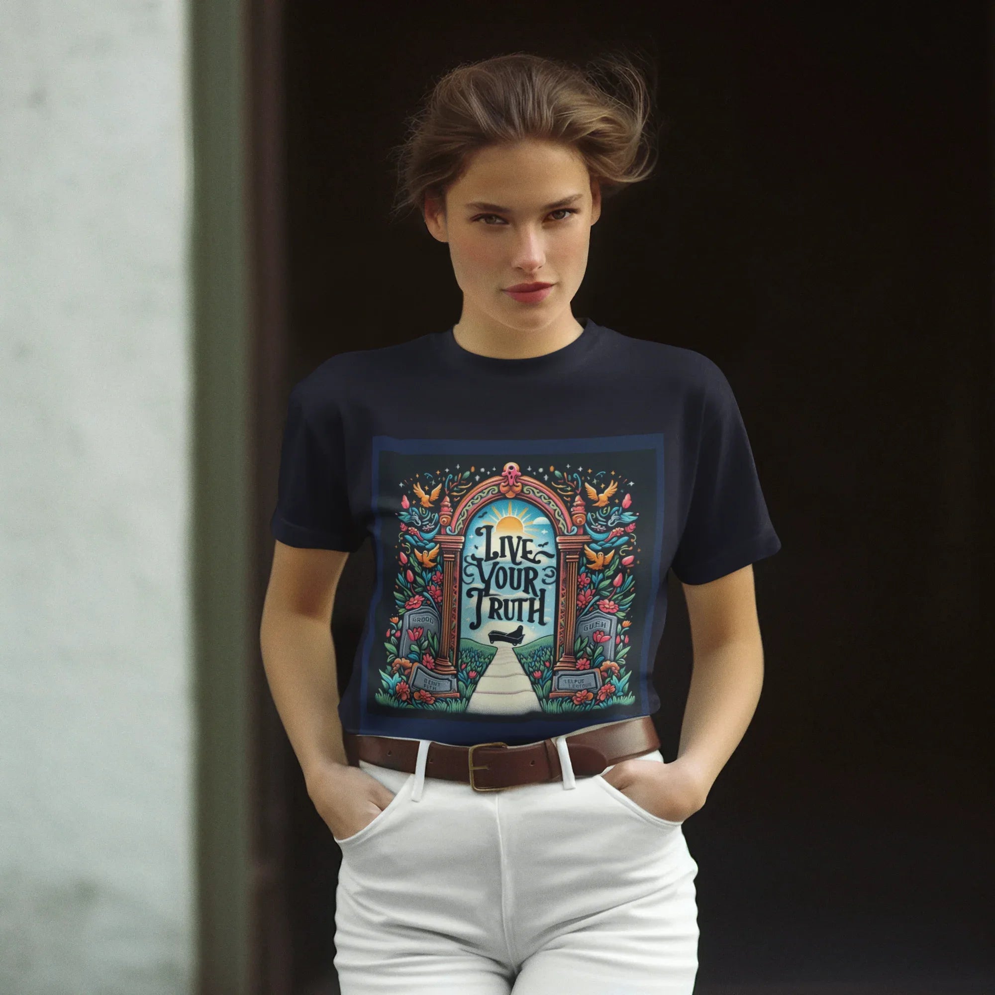 Graphic t-shirt worn by model: dark navy short sleeves with multicolor arch front print.