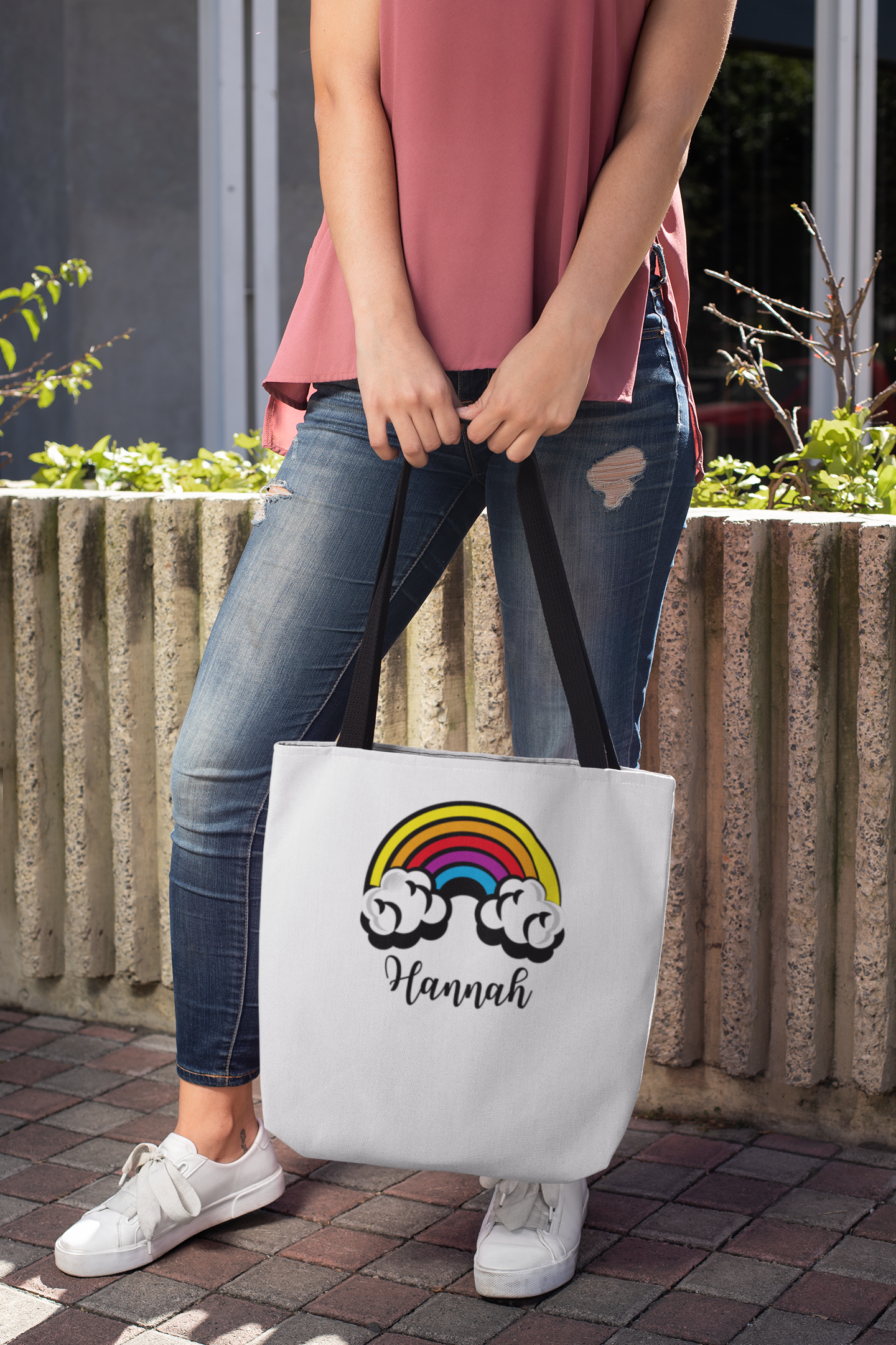 Tote Bag Personalised Name Rainbow Canvas