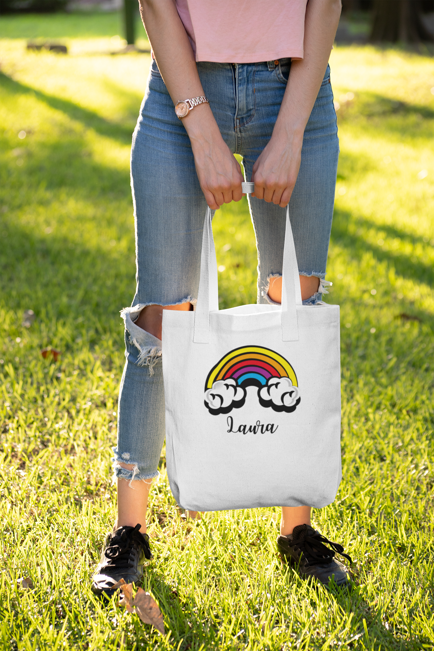 Tote Bag Personalised Name Rainbow Canvas